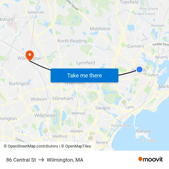 86 Central St to Wilmington, MA map