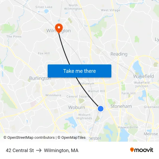 42 Central St to Wilmington, MA map