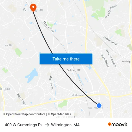 400 W Cummings Pk to Wilmington, MA map