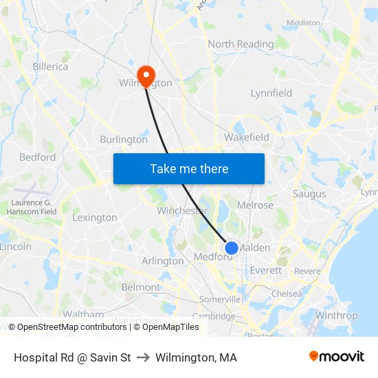 Hospital Rd @ Savin St to Wilmington, MA map