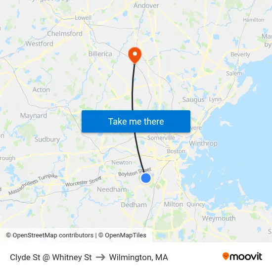 Clyde St @ Whitney St to Wilmington, MA map