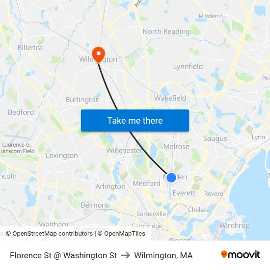 Florence St @ Washington St to Wilmington, MA map