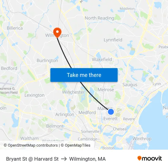 Bryant St @ Harvard St to Wilmington, MA map
