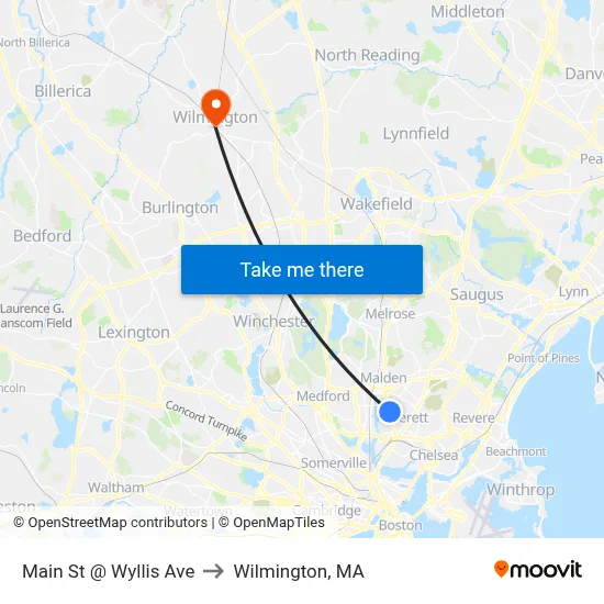 Main St @ Wyllis Ave to Wilmington, MA map