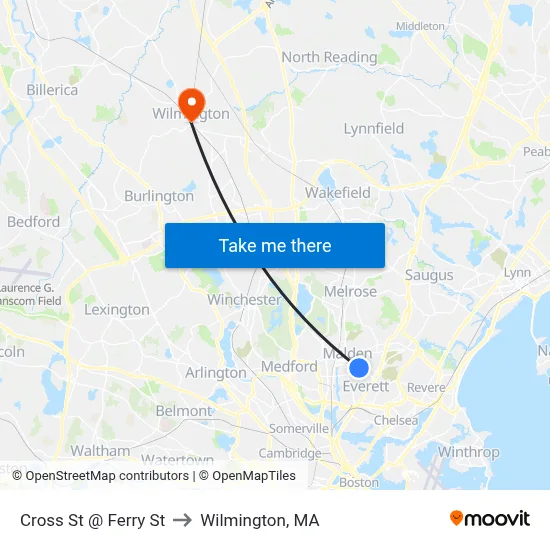 Cross St @ Ferry St to Wilmington, MA map