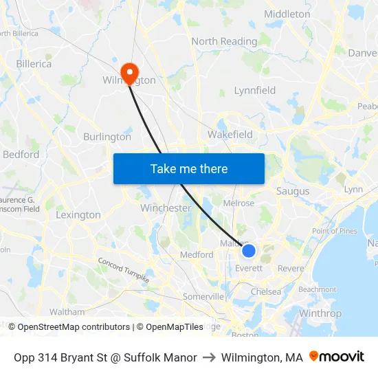 Opp 314 Bryant St @ Suffolk Manor to Wilmington, MA map
