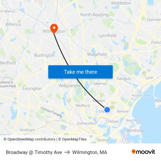 Broadway @ Timothy Ave to Wilmington, MA map