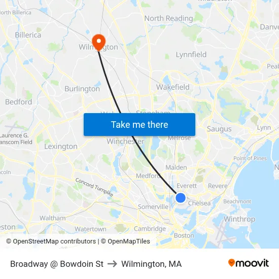 Broadway @ Bowdoin St to Wilmington, MA map