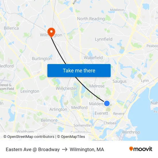 Eastern Ave @ Broadway to Wilmington, MA map