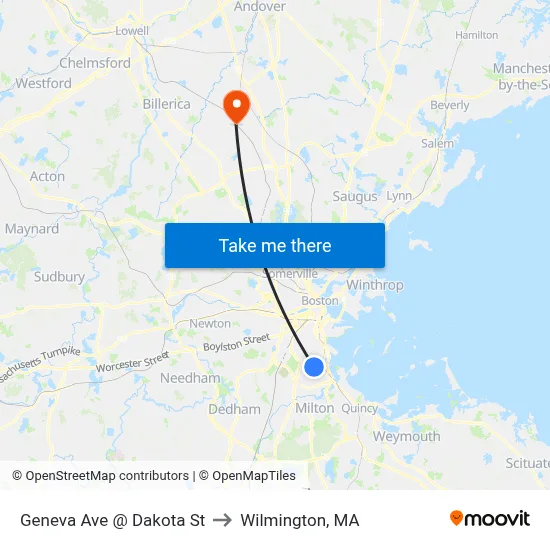 Geneva Ave @ Dakota St to Wilmington, MA map
