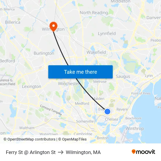 Ferry St @ Arlington St to Wilmington, MA map