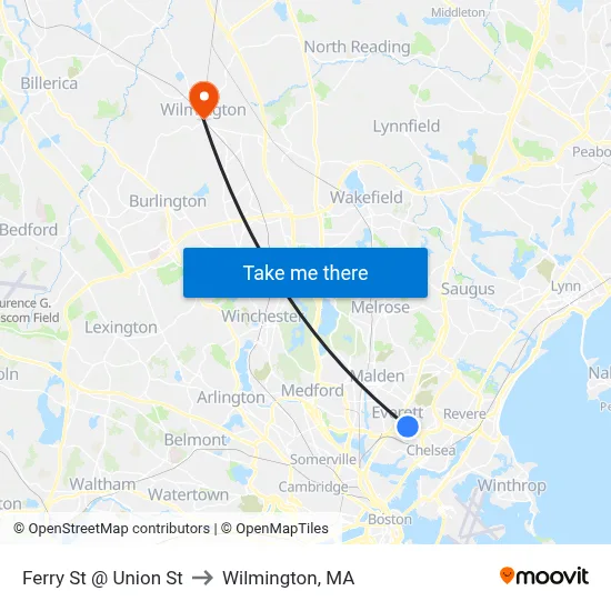 Ferry St @ Union St to Wilmington, MA map