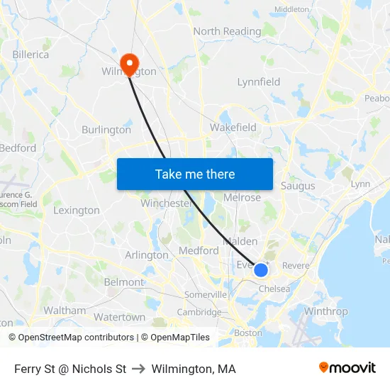 Ferry St @ Nichols St to Wilmington, MA map