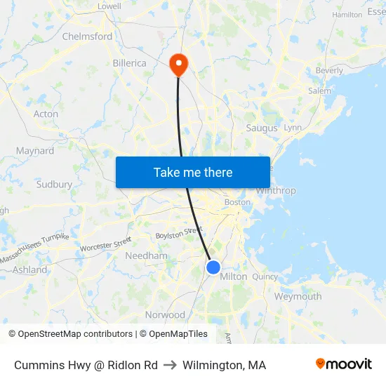 Cummins Hwy @ Ridlon Rd to Wilmington, MA map