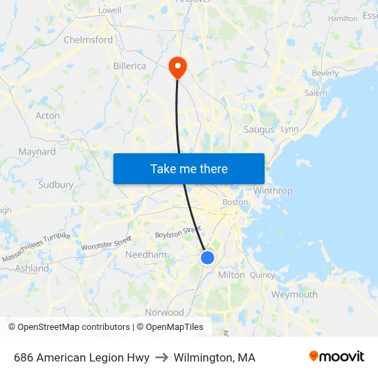 686 American Legion Hwy to Wilmington, MA map