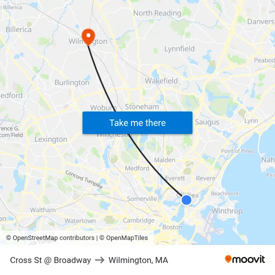 Cross St @ Broadway to Wilmington, MA map