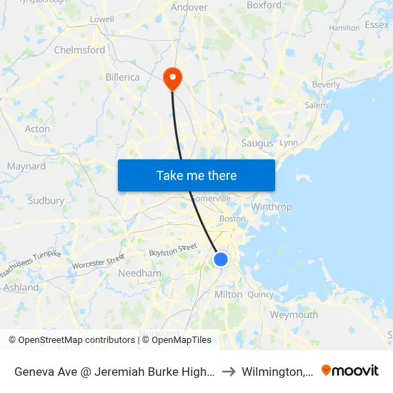 Geneva Ave @ Jeremiah Burke High School to Wilmington, MA map