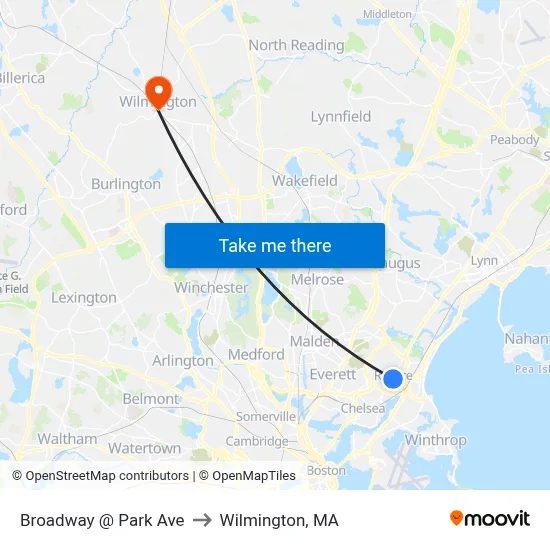 Broadway @ Park Ave to Wilmington, MA map