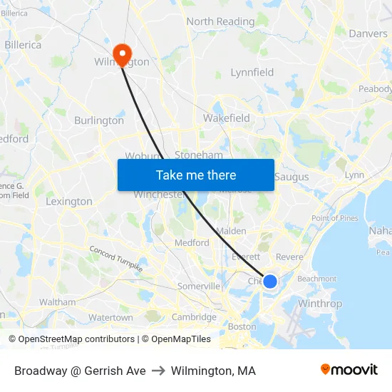 Broadway @ Gerrish Ave to Wilmington, MA map