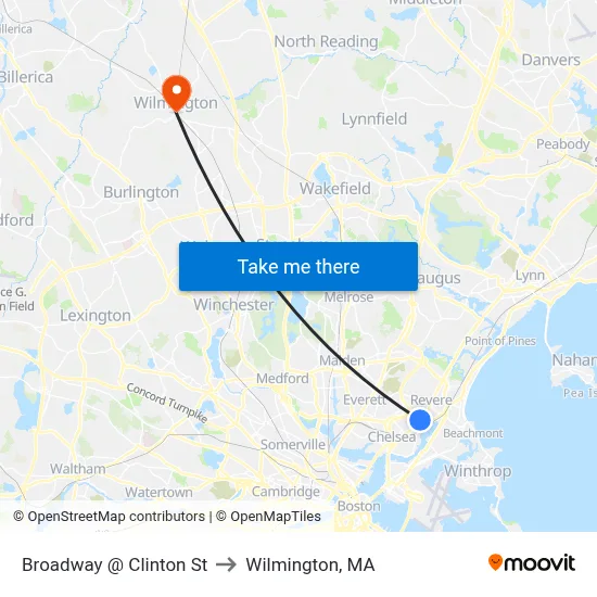Broadway @ Clinton St to Wilmington, MA map