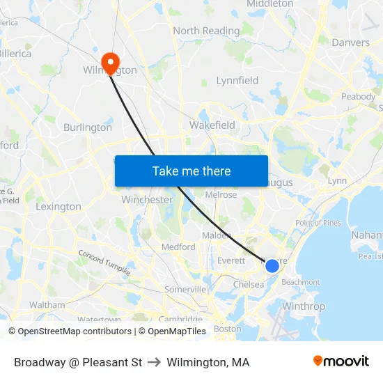 Broadway @ Pleasant St to Wilmington, MA map