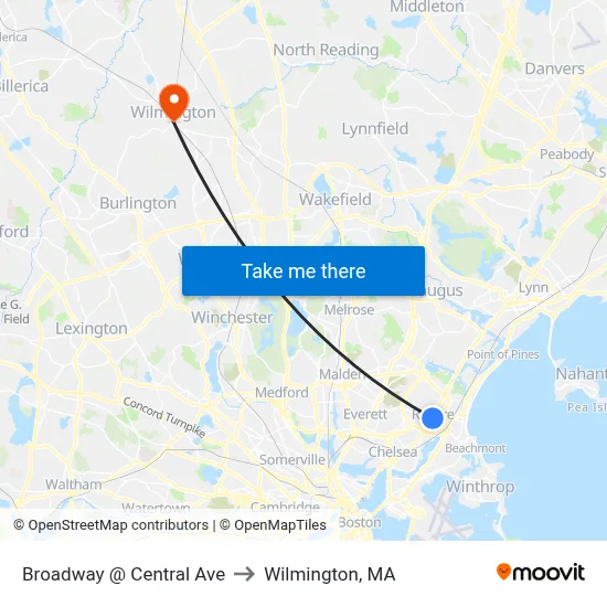 Broadway @ Central Ave to Wilmington, MA map