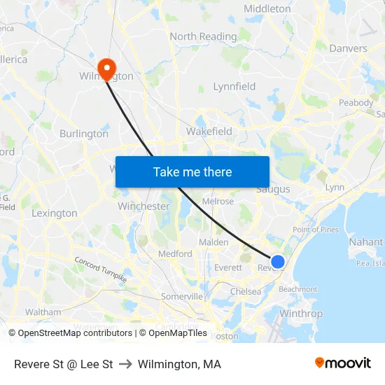 Revere St @ Lee St to Wilmington, MA map