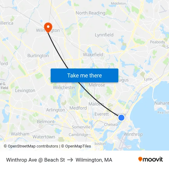 Winthrop Ave @ Beach St to Wilmington, MA map