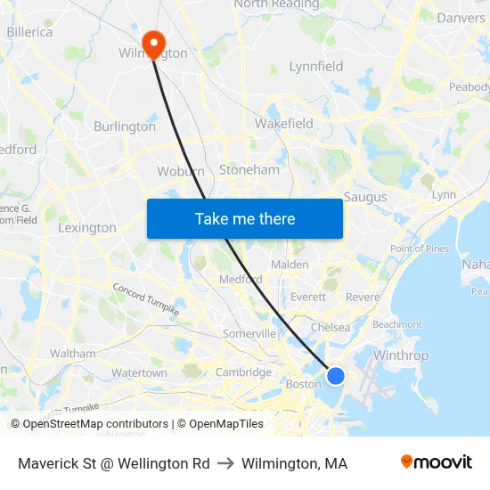 Maverick St @ Wellington Rd to Wilmington, MA map