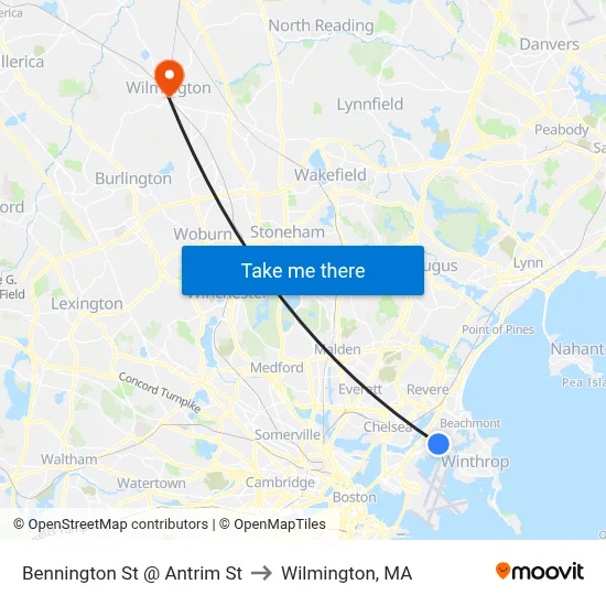 Bennington St @ Antrim St to Wilmington, MA map
