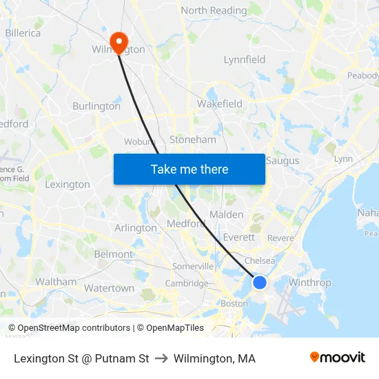 Lexington St @ Putnam St to Wilmington, MA map