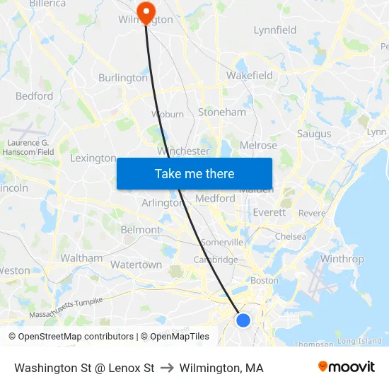 Washington St @ Lenox St to Wilmington, MA map