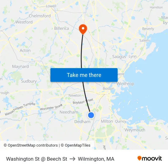 Washington St @ Beech St to Wilmington, MA map