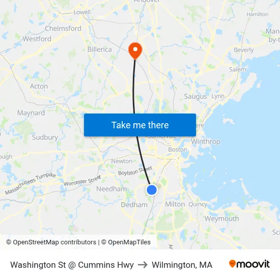 Washington St @ Cummins Hwy to Wilmington, MA map
