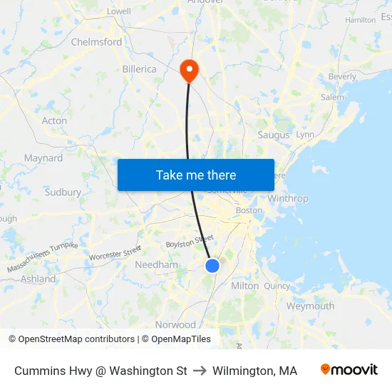 Cummins Hwy @ Washington St to Wilmington, MA map