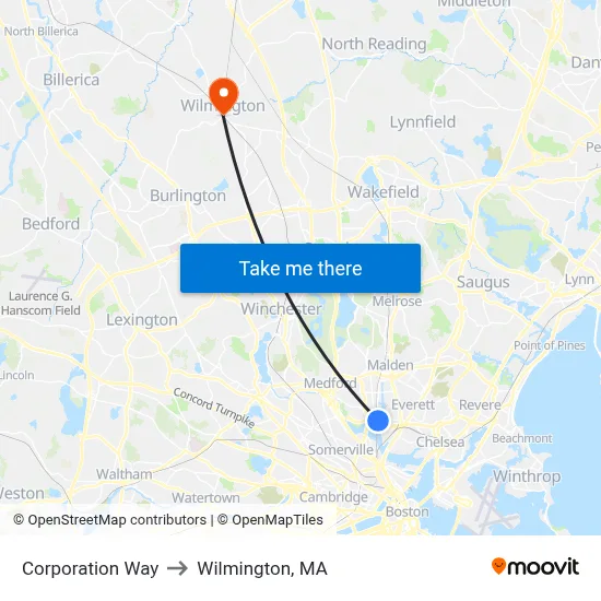 Corporation Way to Wilmington, MA map