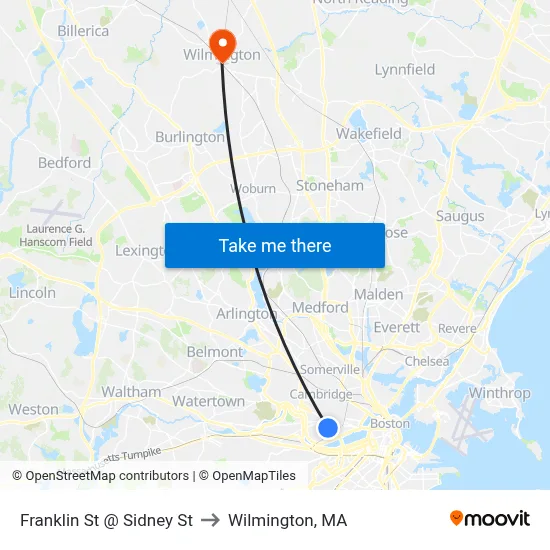Franklin St @ Sidney St to Wilmington, MA map