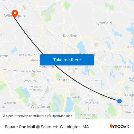 Square One Mall @ Sears to Wilmington, MA map