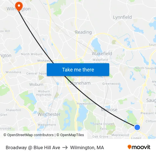 Broadway @ Blue Hill Ave to Wilmington, MA map