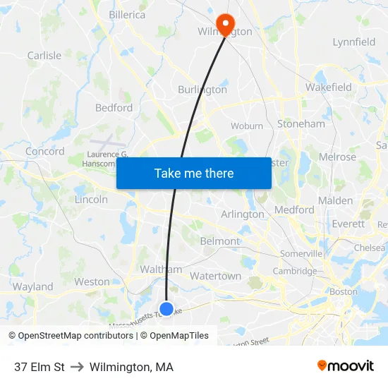 37 Elm St to Wilmington, MA map