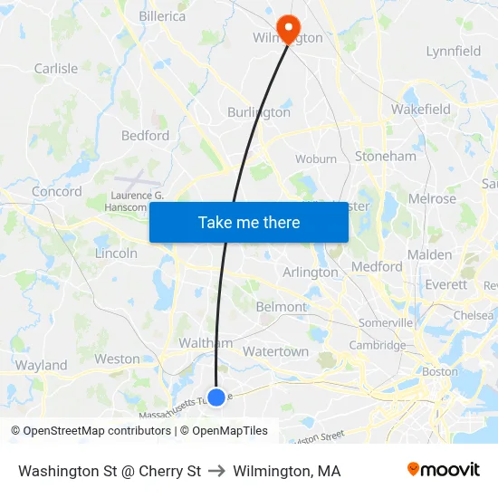 Washington St @ Cherry St to Wilmington, MA map