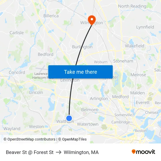 Beaver St @ Forest St to Wilmington, MA map