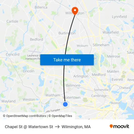 Chapel St @ Watertown St to Wilmington, MA map