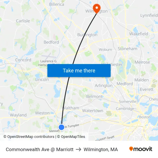 Commonwealth Ave @ Marriott to Wilmington, MA map