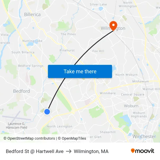 Bedford St @ Hartwell Ave to Wilmington, MA map