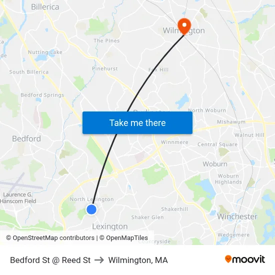 Bedford St @ Reed St to Wilmington, MA map