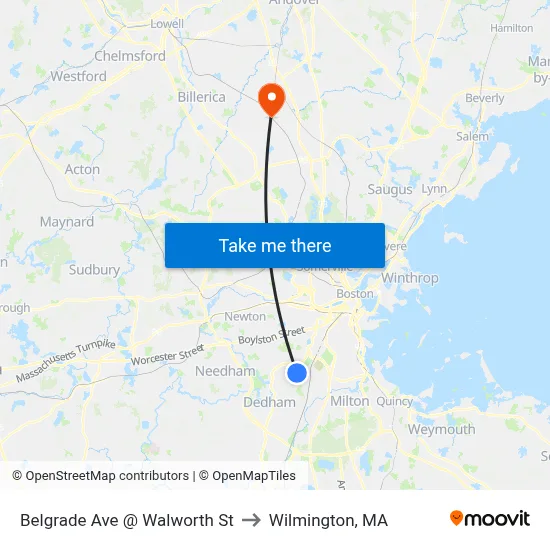 Belgrade Ave @ Walworth St to Wilmington, MA map