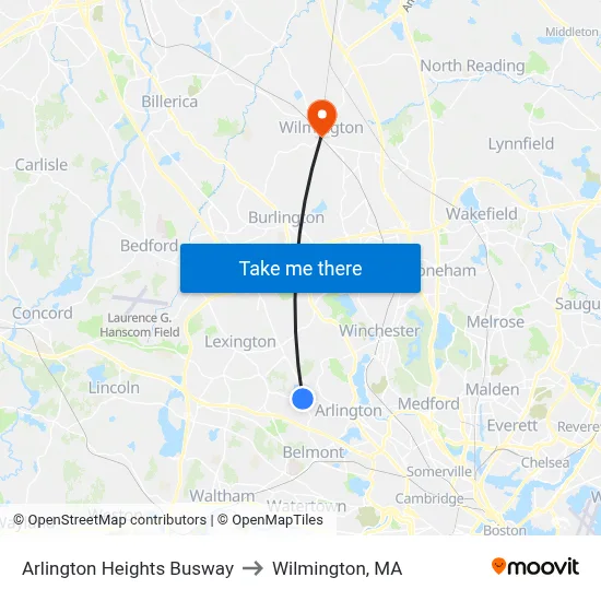 Arlington Heights Busway to Wilmington, MA map