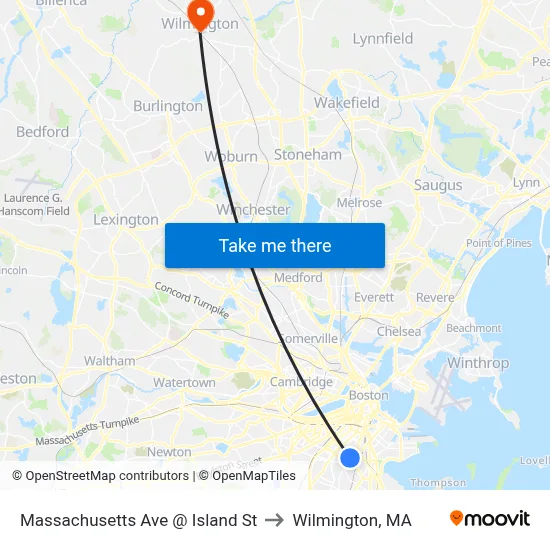 Massachusetts Ave @ Island St to Wilmington, MA map
