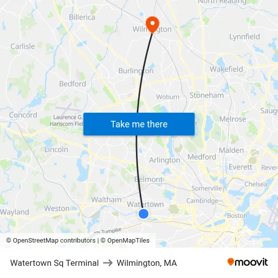 Watertown Sq Terminal to Wilmington, MA map